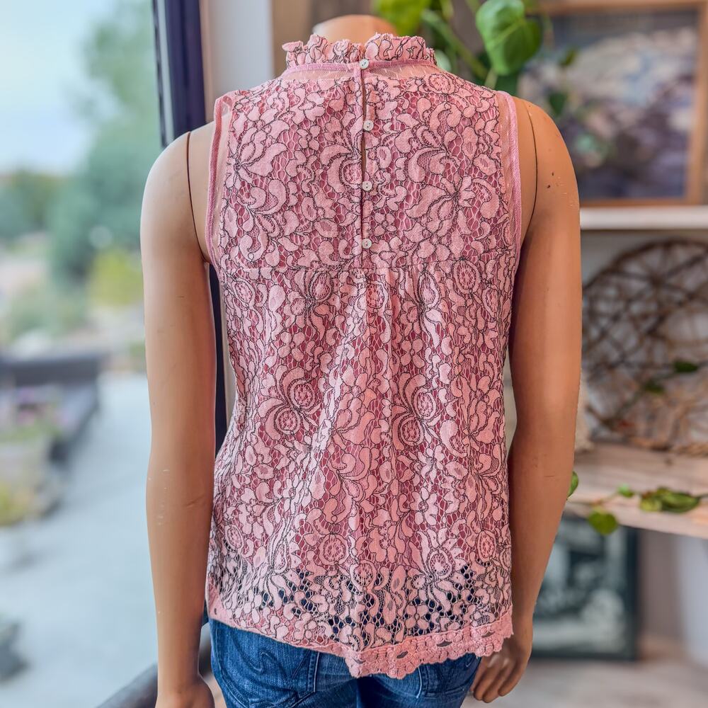 BluHeaven Pink Floral Embroidered Lace Sleeveless Top High Ruffled Neck,  Small - Picture 6 of 10